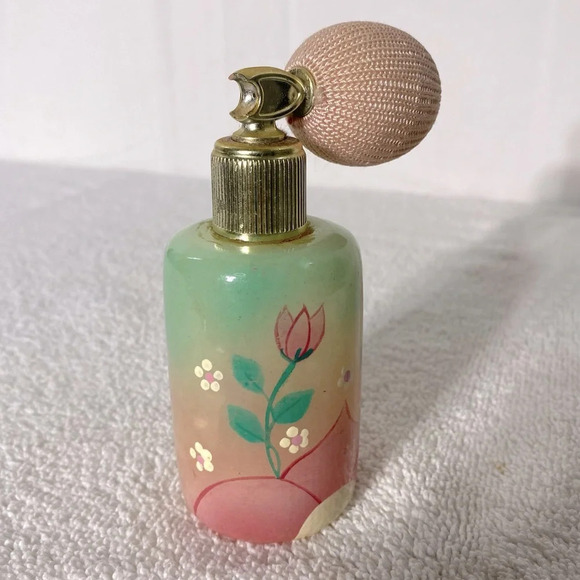 Vintage Pink Green Genuine Alabaster Perfume Atomizer Puff Sprayer Bottle - Picture 1 of 15